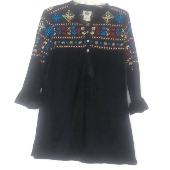 Boho Embroidered Velvet Bell Sleeve Henley Top - Picture 1 of 5